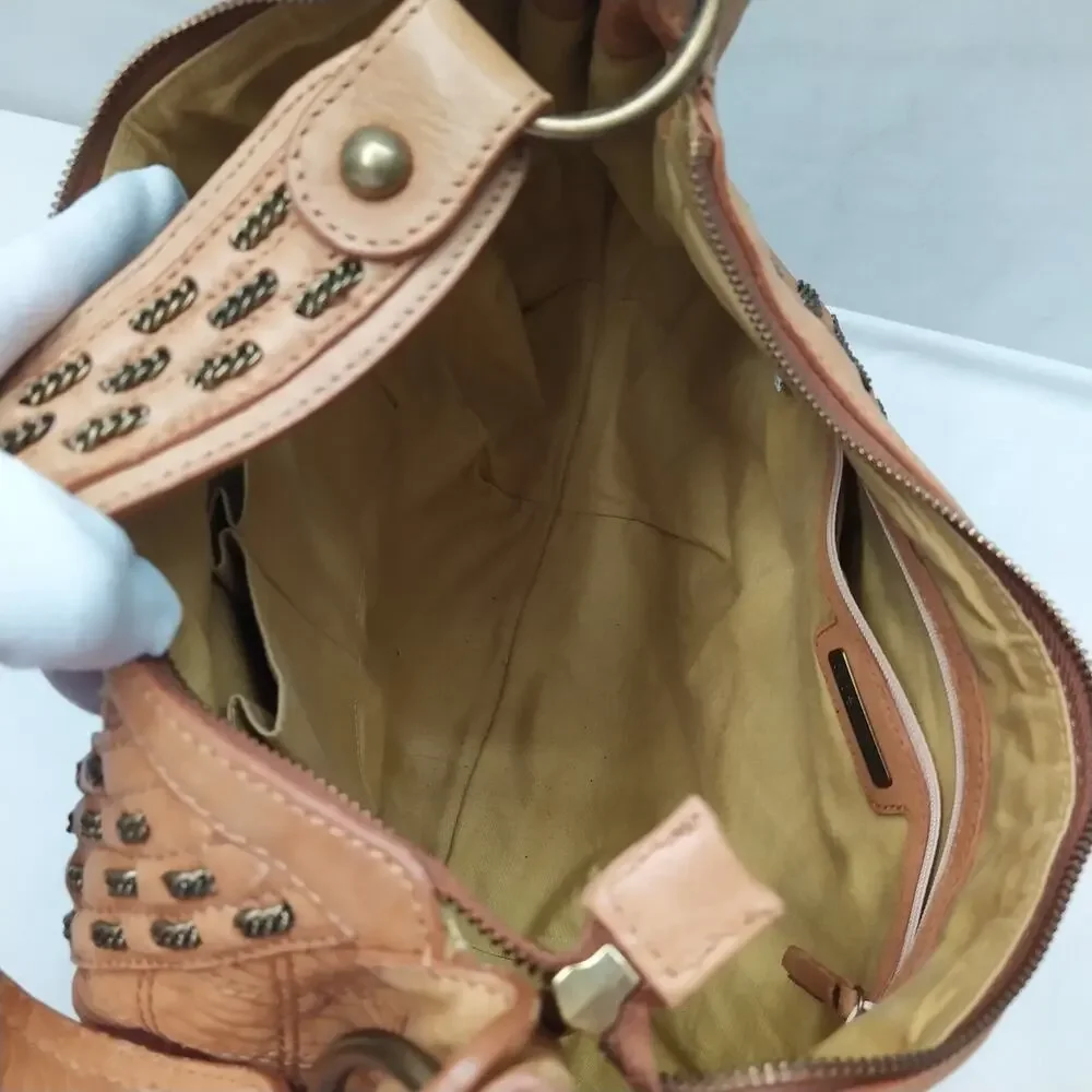 Isabella Fiore Tan Brown Learher Stitching Zipper Closure Hobo Shoulder Bag